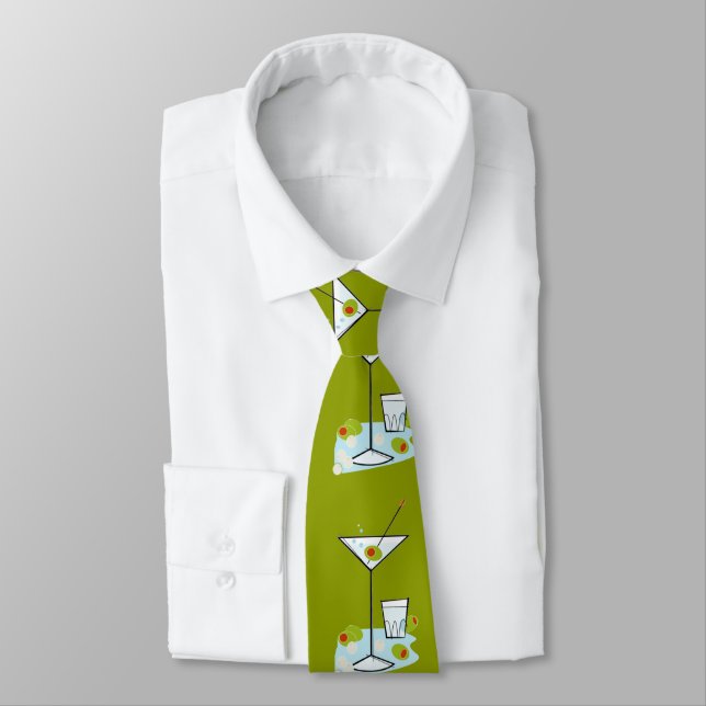 Retro 50s Martini Glass Party Time (Moss Green) Tie (Tied)