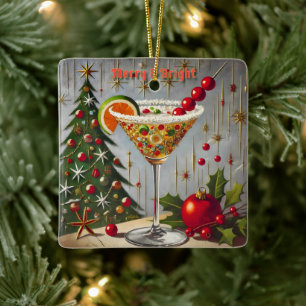 Retro 50s Merry Bright Christmas Candy Cocktail Ceramic Ornament