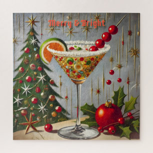 Retro 50s Merry Bright Christmas Candy Cocktail Jigsaw Puzzle