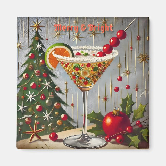 Retro 50s Merry Bright Christmas Candy Cocktail Magnet (Front)