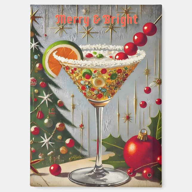 Retro 50s Merry Bright Christmas Candy Cocktail Magnet (Front)