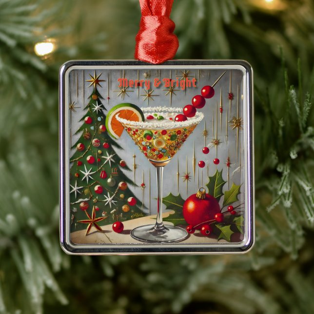 Retro 50s Merry Bright Christmas Candy Cocktail Metal Ornament (Tree)