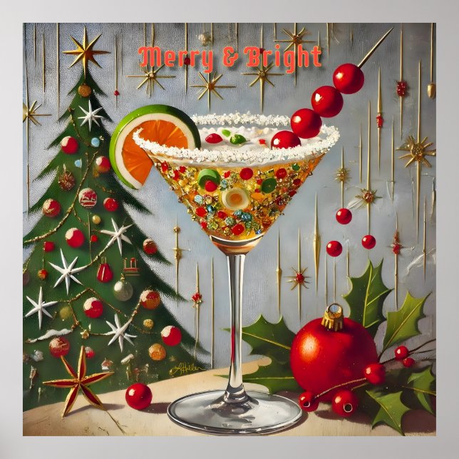Retro 50s Merry Bright Christmas Candy Cocktail Poster (Front)