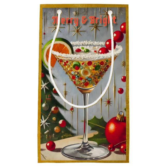 Retro 50s Merry Bright Christmas Candy Cocktail Small Gift Bag (Front)