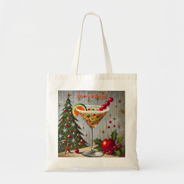 Retro 50s Merry Bright Christmas Candy Cocktail Tote Bag (Front)