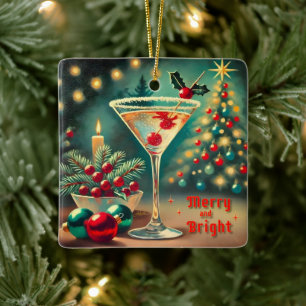 Retro 50s Merry Bright Christmas Cocktail Martini Ceramic Ornament