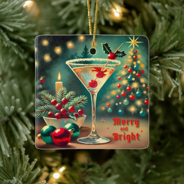 Retro 50s Merry Bright Christmas Cocktail Martini Ceramic Ornament (Tree)