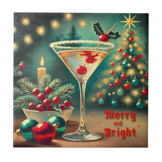 Retro 50s Merry Bright Christmas Cocktail Martini Ceramic Tile (Front)