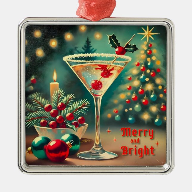 Retro 50s Merry Bright Christmas Cocktail Martini Metal Ornament (Front)