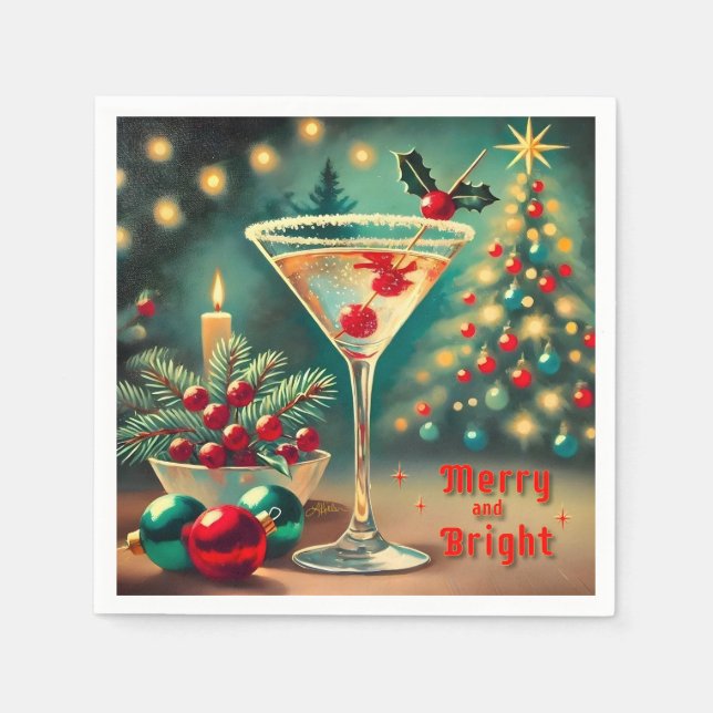 Retro 50s Merry Bright Christmas Cocktail Martini Napkin (Front)