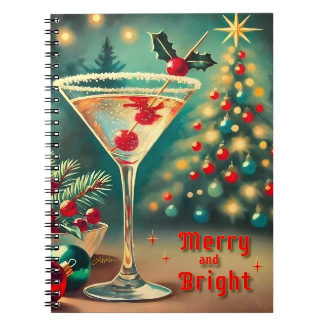 Retro 50s Merry Bright Christmas Cocktail Martini Notebook (Front)