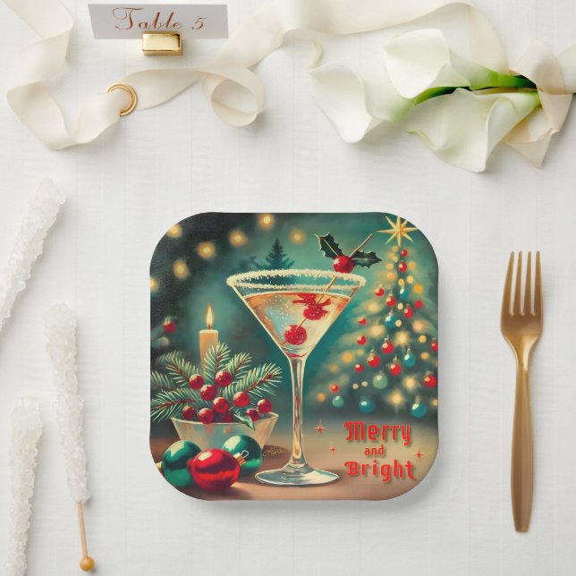 Retro 50s Merry Bright Christmas Cocktail Martini Paper Plate (Wedding)