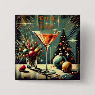 Retro 50s Merry & Bright Christmas Martini 15 Cm Square Badge