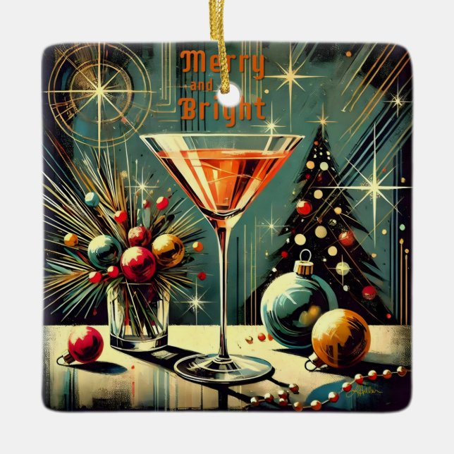 Retro 50s Merry & Bright Christmas Martini Ceramic Ornament (Front)