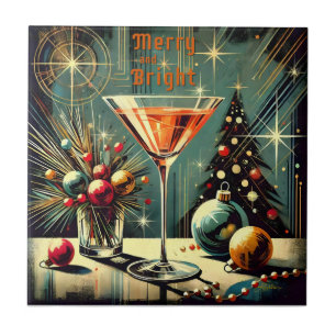 Retro 50s Merry & Bright Christmas Martini Ceramic Tile