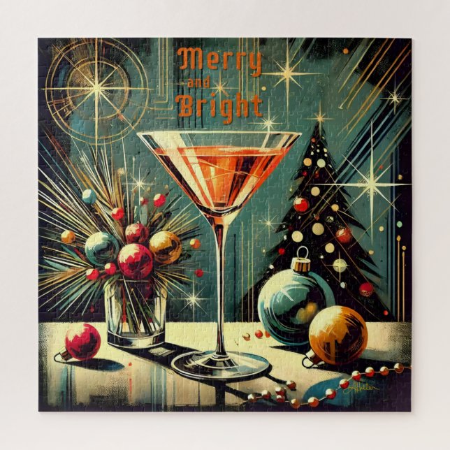 Retro 50s Merry & Bright Christmas Martini Jigsaw Puzzle (Vertical)
