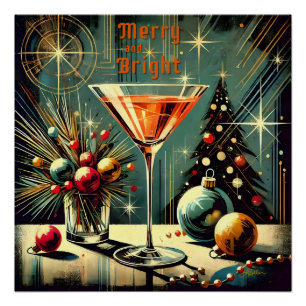 Retro 50s Merry & Bright Christmas Martini Poster