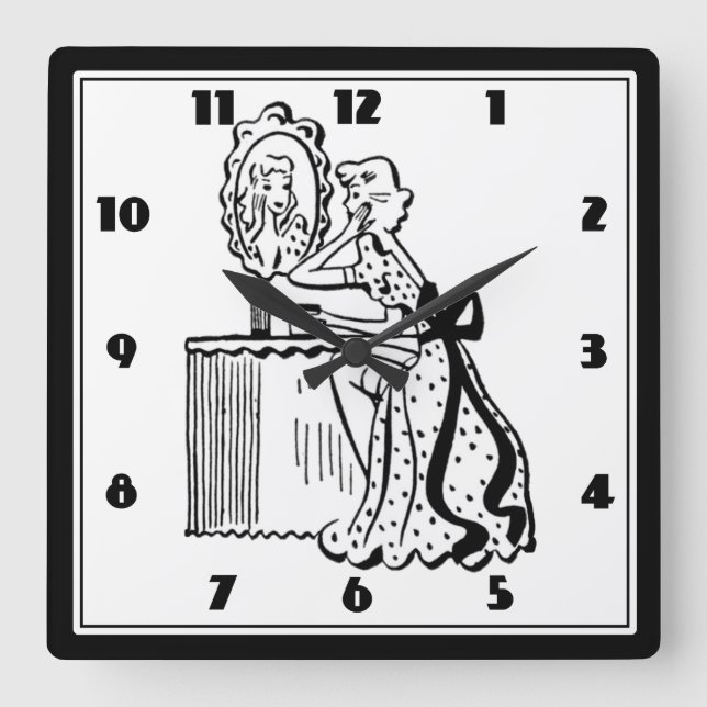 Retro 50s Mid-Century Modern Ladies Boudoir Square Wall Clock (Front)