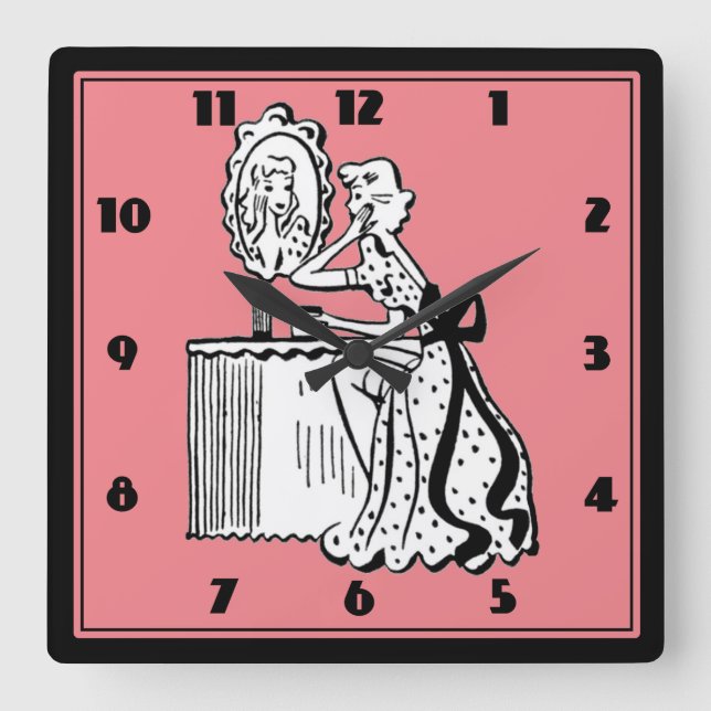 Retro 50s Mid-Century Modern Ladies Boudoir Square Wall Clock (Front)
