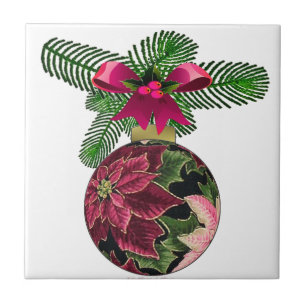 Retro 50s Poinsettia Burgundy Ornament Ceramic Tile