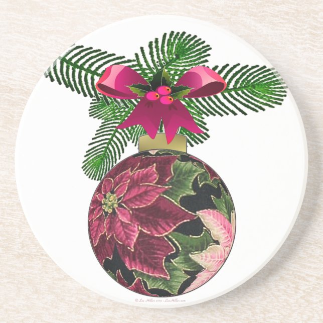 Retro 50s Poinsettia Burgundy Ornament Coaster (Front)