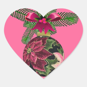 Retro 50s Poinsettia Burgundy Ornament Heart Sticker