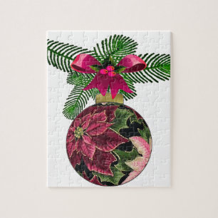 Retro 50s Poinsettia Burgundy Ornament Jigsaw Puzzle