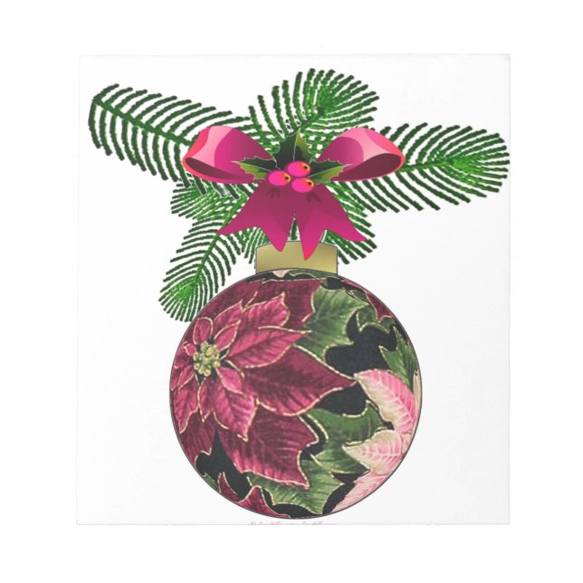 Retro 50s Poinsettia Burgundy Ornament Notepad (Front)