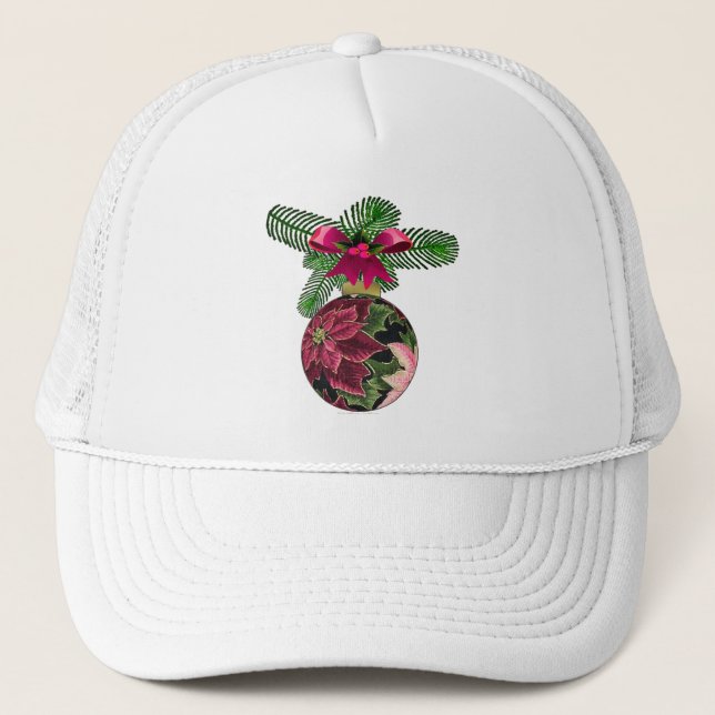 Retro 50s Poinsettia Burgundy Ornament Trucker Hat (Front)