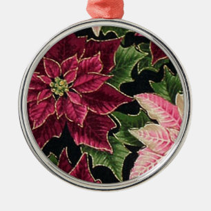 Retro 50s Poinsettia Burgundy Pink Metal Ornament