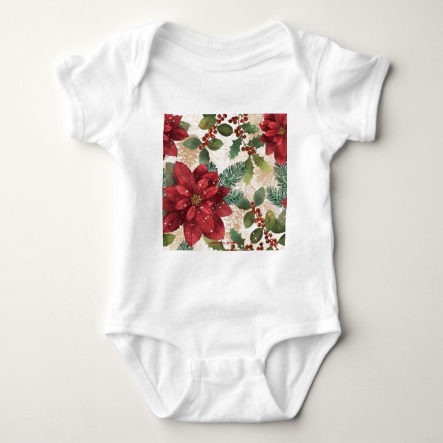 Retro 50s Poinsettia Red Green Cream Baby Bodysuit (Front)