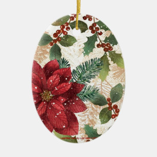 Retro 50s Poinsettia Red Green Cream Ceramic Ornament