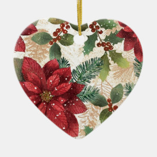 Retro 50s Poinsettia Red Green Cream Ceramic Ornament