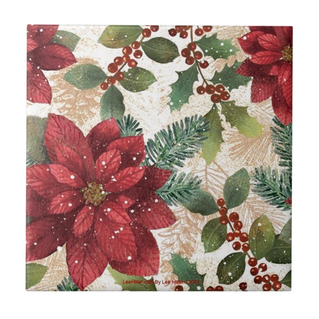 Retro 50s Poinsettia Red Green Cream Ceramic Tile (Front)