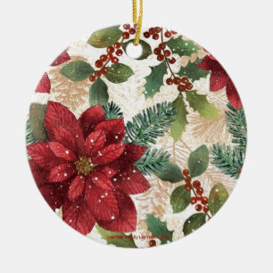 Retro 50s Poinsettia Red Green Cream Ceramic Tree Decoration