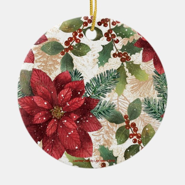Retro 50s Poinsettia Red Green Cream Ceramic Tree Decoration (Front)