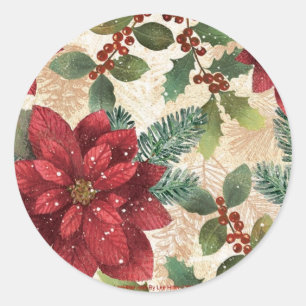 Retro 50s Poinsettia Red Green Cream Classic Round Sticker