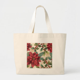 Retro 50s Poinsettia Red Green Cream Large Tote Bag