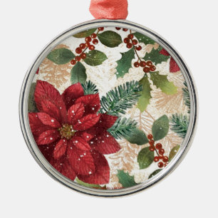 Retro 50s Poinsettia Red Green Cream Metal Ornament