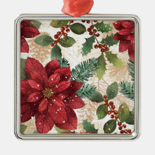 Retro 50s Poinsettia Red Green Cream Metal Ornament