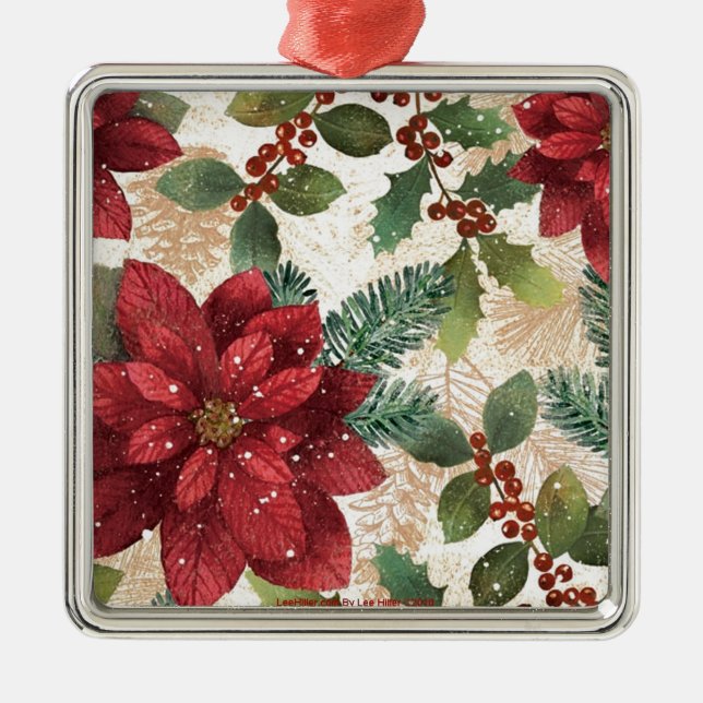 Retro 50s Poinsettia Red Green Cream Metal Ornament (Front)