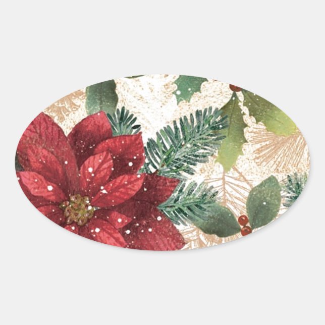 Retro 50s Poinsettia Red Green Cream Oval Sticker (Front)