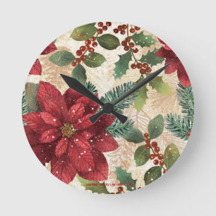 Retro 50s Poinsettia Red Green Cream Round Clock