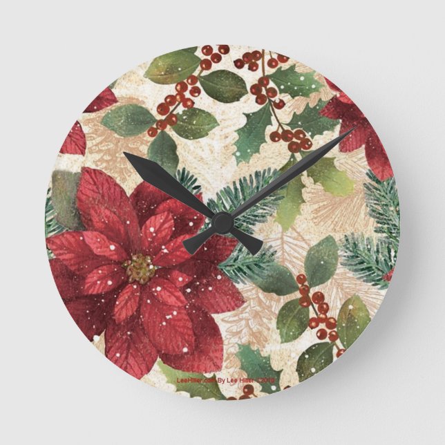 Retro 50s Poinsettia Red Green Cream Round Clock (Front)
