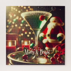 Retro 50s Santa Christmas Green Martini Jigsaw Puzzle