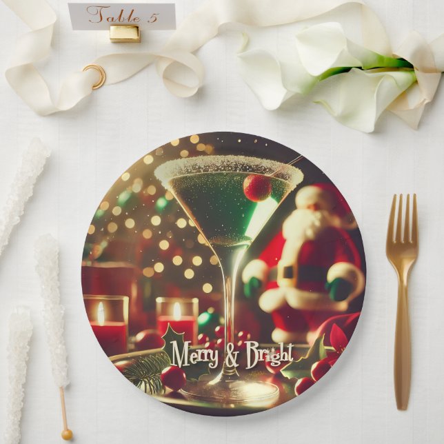 Retro 50s Santa Christmas Green Martini Paper Plate (Wedding)