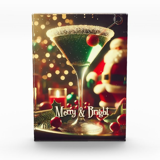 Retro 50s Santa Christmas Green Martini Photo Block (Front)