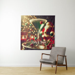 Retro 50s Santa Christmas Green Martini Tapestry