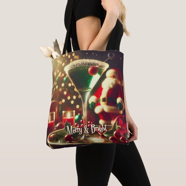 Retro 50s Santa Christmas Green Martini Tote Bag (Close Up)