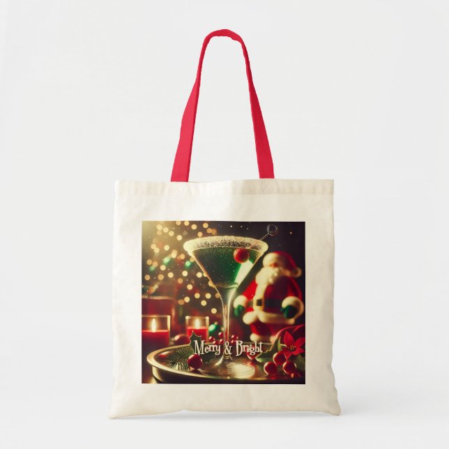 Retro 50s Santa Christmas Green Martini Tote Bag (Front)
